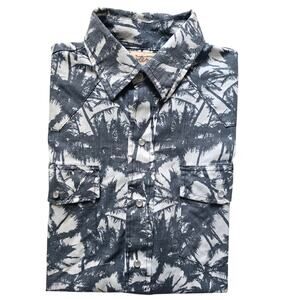 Western Aloha Parlm Tree Print Hawaiian Shirt Size L Pearl Snap Black White
